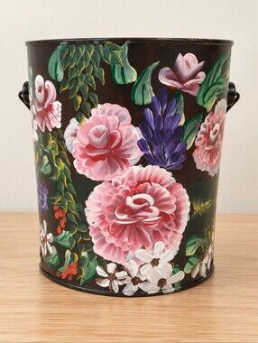 Hand Painted Toleware Floral Metal Pail Pink Roses Folk Art Planter Vintage